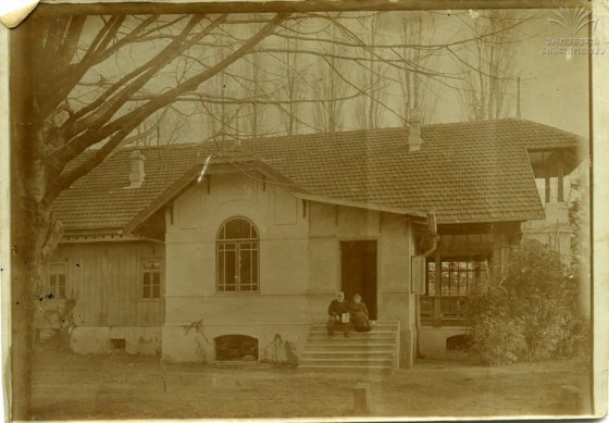 სოფ. დიდი ჯიხაიშის სახლის კიბეზე სხედან ნიკო ნიკოლაძე და მისი მეუღლე ოლღა-1915წ.
