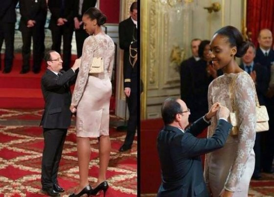 საფრანგეთის პრეზიდენტი ფრანსუა ოლანდი აჯილდოებს ფრანგ კალათბურთელს - სანდრინ გრუდს