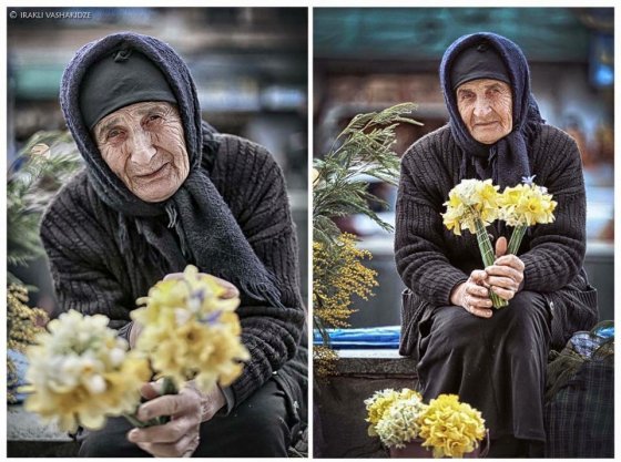 მოხუცებული ბებო, რომელიც თავს ყვავილების გაყიდვით ირჩენს.